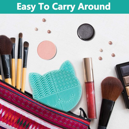 TailaiMei 2 in 1 Makeup Brush Cleaning Mat with Brush Drying Holder, Silicon Cat Shaped Brush Cleaner Pad include Cosmetic Brush Organizer Rack, Portable Washing Tool for Makeup (Green)