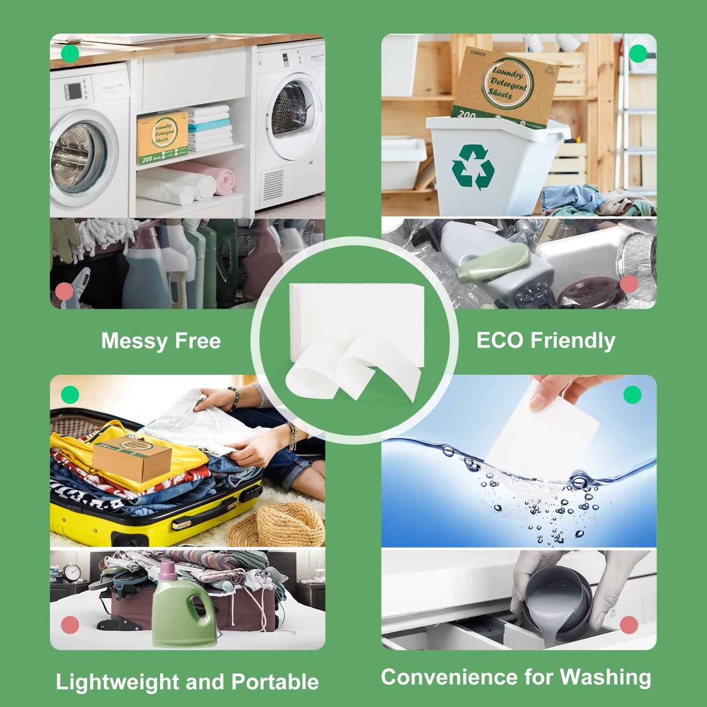 Zimwin Laundry Detergent Sheets, 200 Count, Fragrance Free, Eco-Friendly, Plastic-Free, Hypoallergenic, Liquidless Washing Supplies for Dorm Travel Camping
