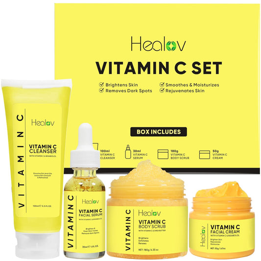 Vitamin C Skincare Set - Hydrating Cleanser, Exfoliating Scrub & Anti-Aging Serum | Travel Kit for Youthful Glow