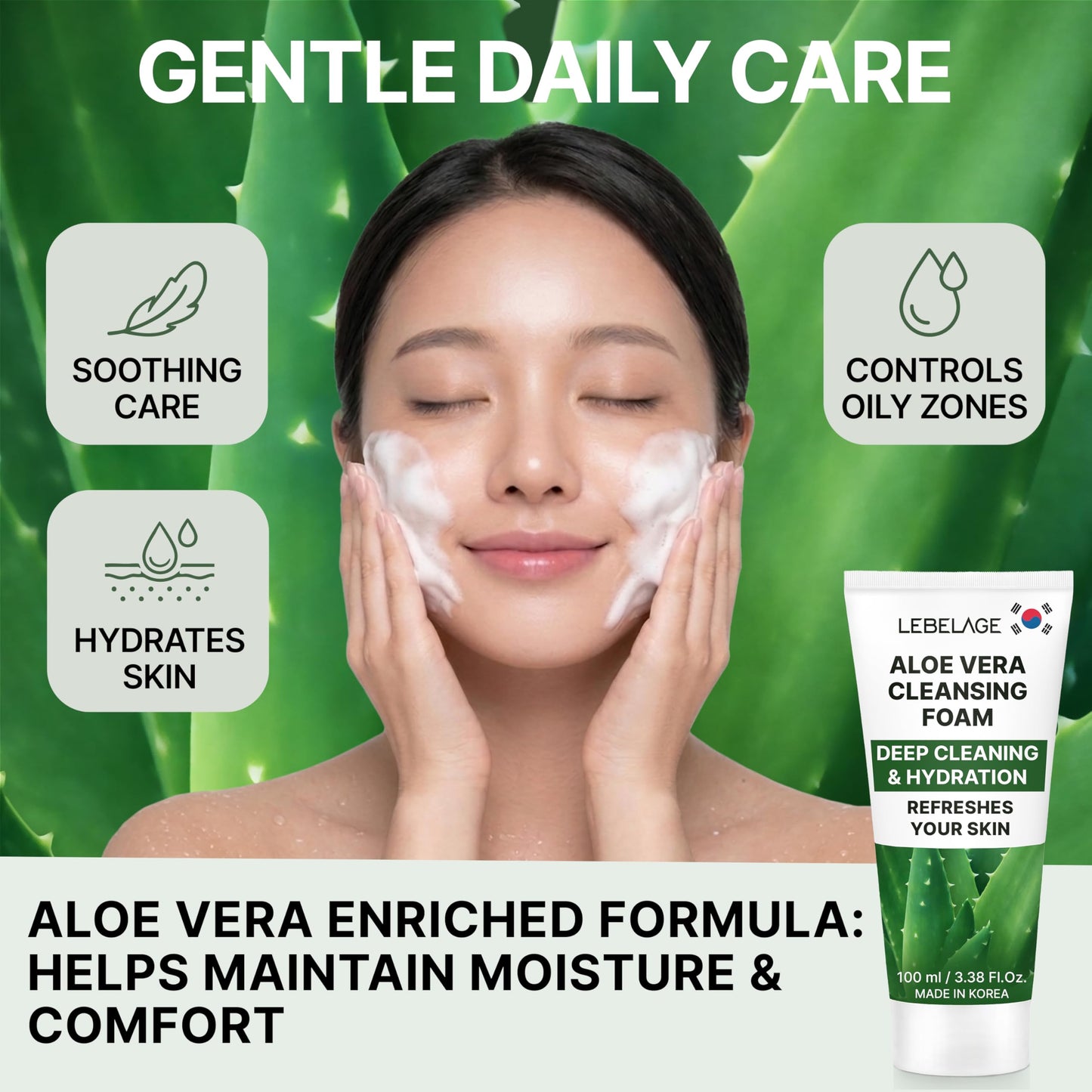 LEBELAGE Korean Aloe Vera Facial Cleanser 3.38 oz | Cleansing Foam Face Wash | Low pH Gentle Hydrating Daily Facial Cleanser Sensitive Skin | Deep Cleansing Foaming Cleanser, Pore Care-All Skin Types