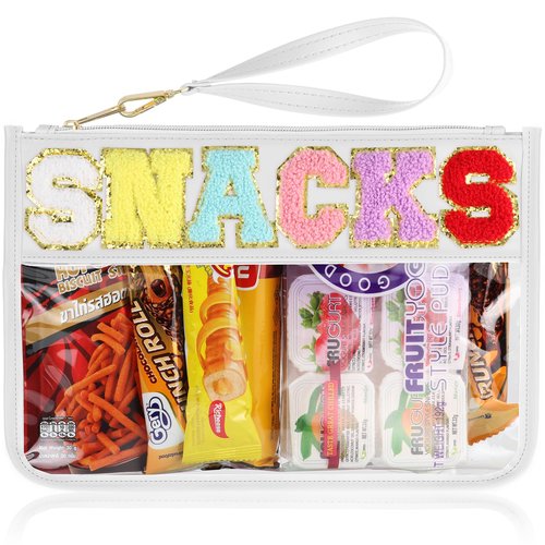 TESAFNG Snack Bag for Travel - Clear Chenille Varsity Letter Flat Pouch with Zipper, Waterproof Clear PVC&PU Preppy Patch Makeup Cosmetic tote Bags for Women Girls (White-Snacks)