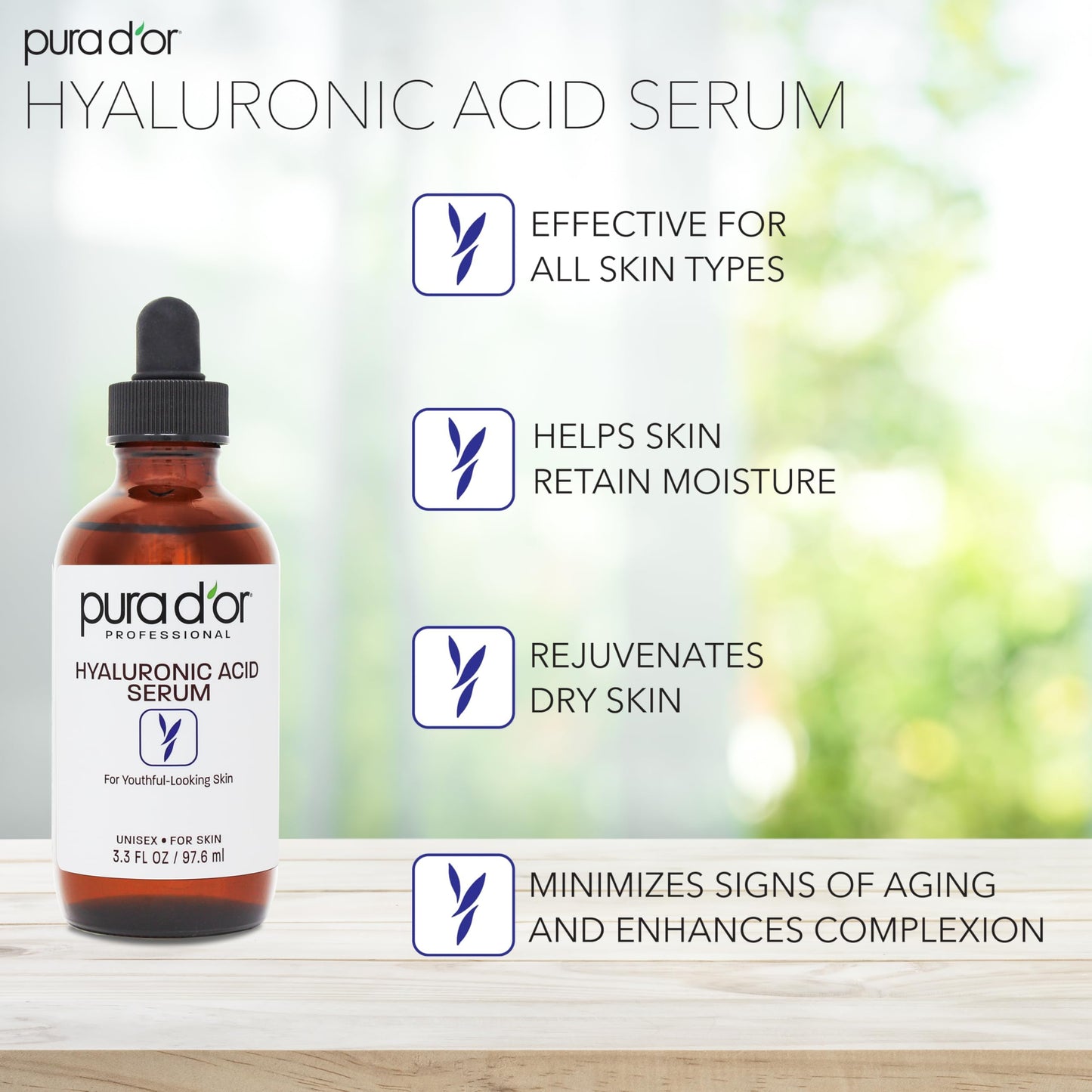 PURA D'OR 3.3 Oz Hyaluronic Acid Serum For Deep Hydration: Anti-Aging, Plumping & Moisturizing Formula For Ayurvedic Skin Care-Smooth, Supple Skin - Natural Boost - Fine Lines & Wrinkle Reducer