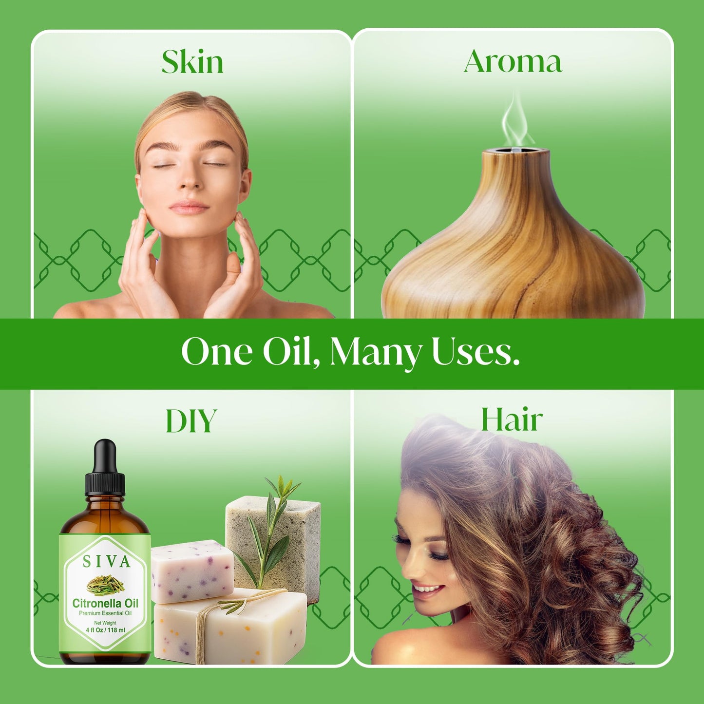 Siva Citronella Essential Oil 4 Fl Oz – for Diffuser, Skin & Hair Care – Ideal for Massage & DIY Blends- with Dropper