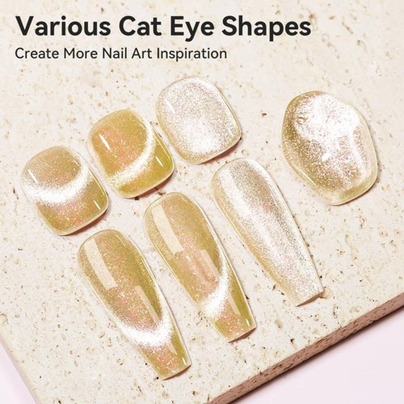 Bevimee Cat Eye Gel Polish 12ML Champagne Gold Magnetic Nail Polish Gel 3 in 1 Step - Glitter Cateye Crushed Ice Effect, Sparkle Crystal Nail Gel Nail Art Polish Soak Off Salon Manicure Gift