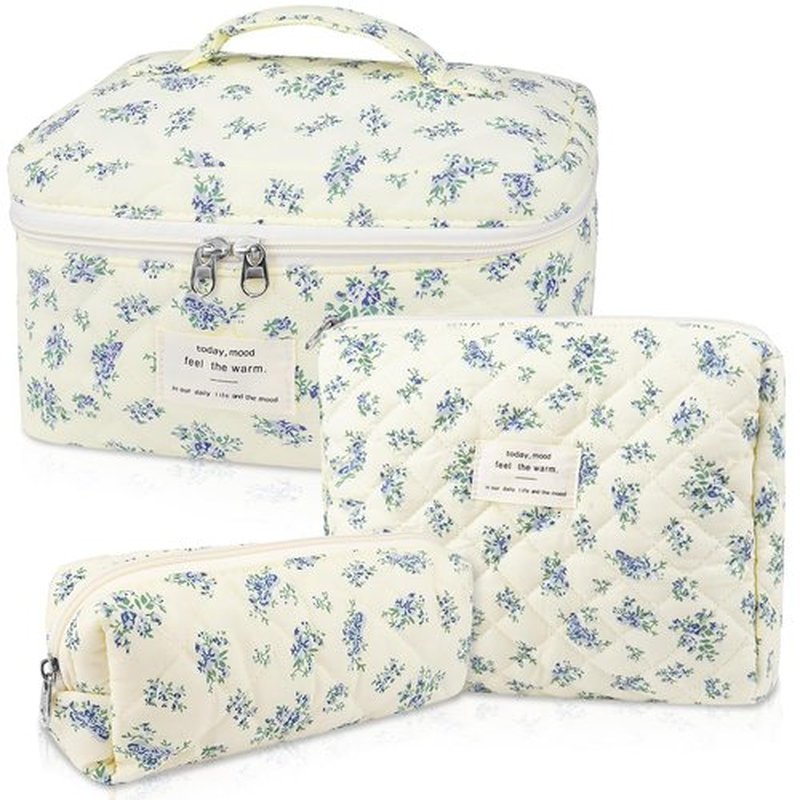 Makeup Bag Set, Quilted Makeup Bag, Large Floral Cosmetic Bag for Women, Cute Cotton Makeup Bags, Flower Travel Toiletry Organizer Bag (Blue Floer)