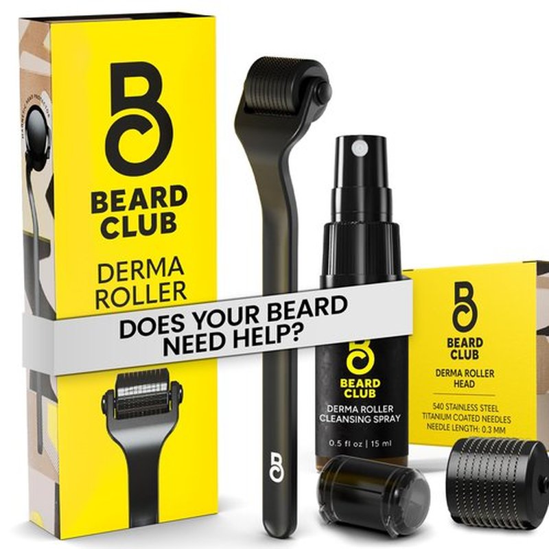 The Beard Club Beard Roller with Cleansing Spray & Replacement Head - 0.3mm Titanium Coated Needles, 3 Count