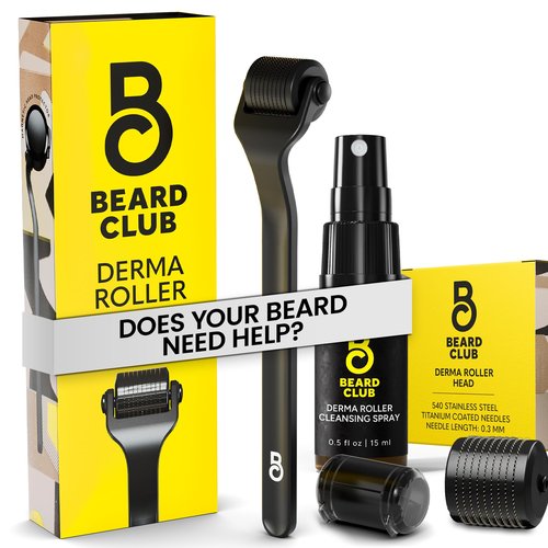 The Beard Club Beard Roller with Cleansing Spray & Replacement Head - 0.3mm Titanium Coated Needles, 3 Count