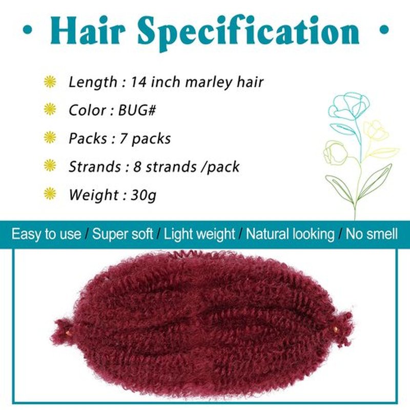 Burgundy Marley Hair, Marley Twist Braiding Hair 14 Inch 7 Packs Cuban Twist Hair Kinky Twist hair Pre Separated Marley Hair for Faux Locs Marley Twist Hair Synthetic Braiding hair(14 inch,Burgundy)