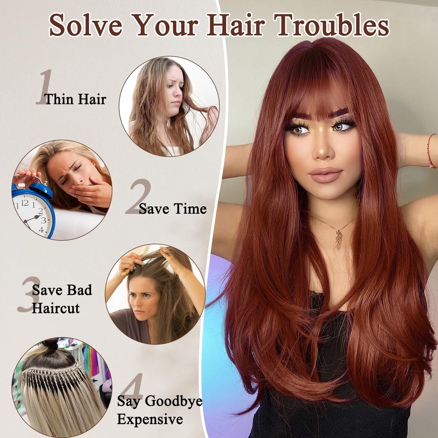 FREEMEIGE Copper Red Hair Extensions Clip in Hair Extensions for Women Straight Layered Hair Extensions Synthetic Clip in Extensions Long Wavy Extension Daily Use 20 Inch