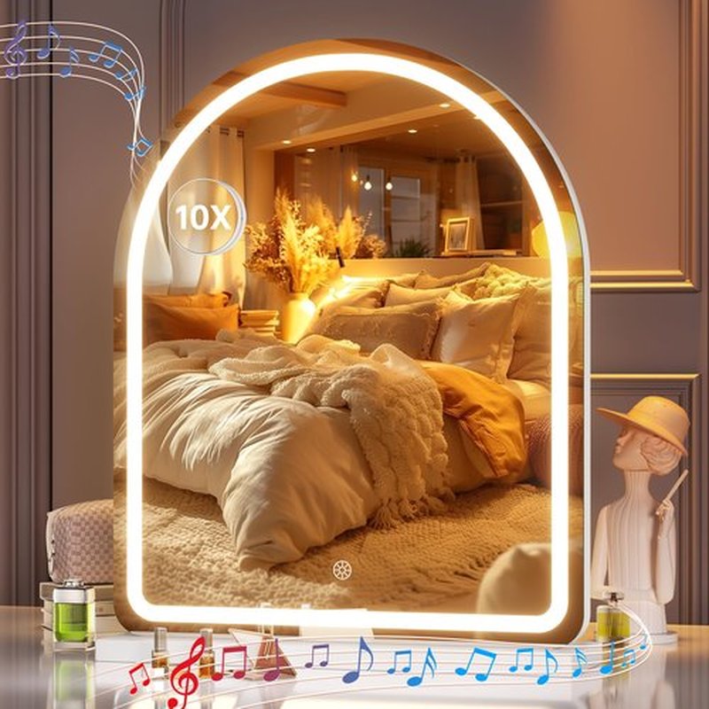 Hasipu Vanity Mirror with Lights and Bluetooth Speaker, 18"× 22" Arched LED Makeup Mirror, Lighted Desktop Makeup Mirror with Lights, Smart Touch Control Dimmable 3 Modes Light White