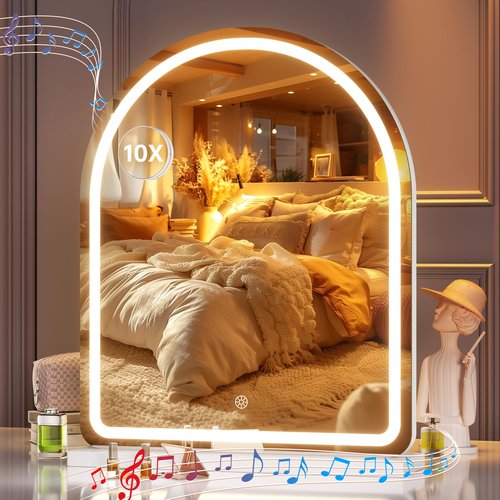 Hasipu Vanity Mirror with Lights and Bluetooth Speaker, 18"× 22" Arched LED Makeup Mirror, Lighted Desktop Makeup Mirror with Lights, Smart Touch Control Dimmable 3 Modes Light White