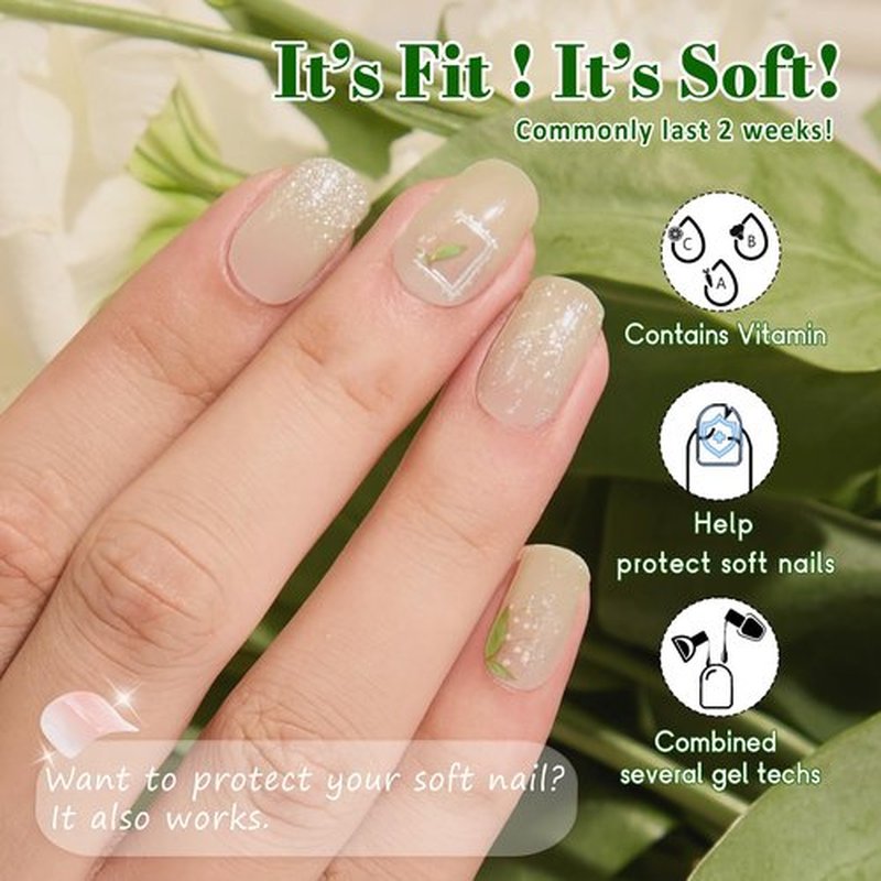 GelMala Semi Cured Gel Nail Strips Green Lily of The Valley Glitter Gel Nail Strips Long Lasting, Easy to Apply & Remove -Gel Strips for Nails Gel Nail Wraps，Easy for begginners (Muguet)