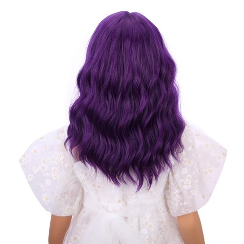 Edivd Child Dark Purple Wig Kids Short Purple Wig with Air Bangs Wavy Curly Purple Wig for Girls Heat Resistant Synthetic Wig with Wig Cap