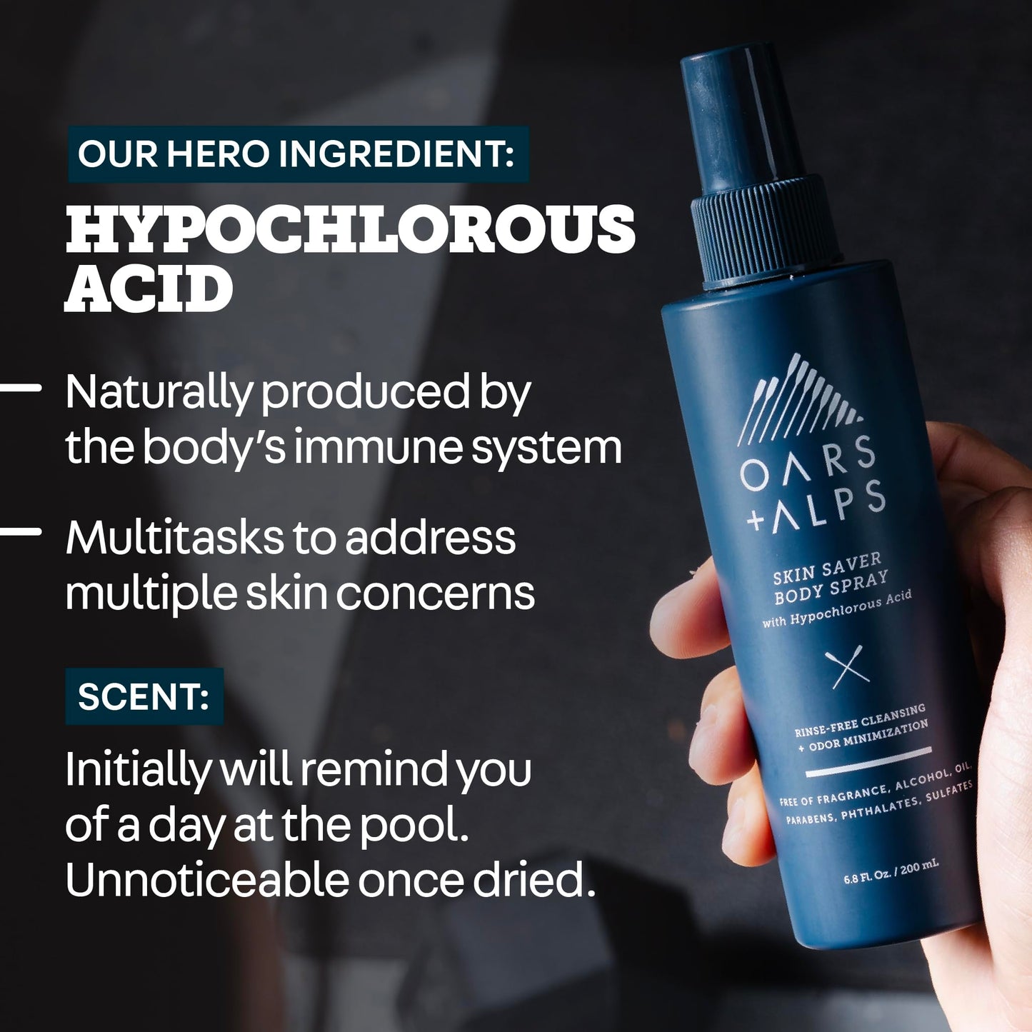 Oars + Alps Skin Saver Body Spray with Hypochlorous Acid, For Breakouts + Acne-Prone Skin, Freshens & Soothes Irritation & Redness, Use After Workouts & Post Shave, Safe & Clean Ingredients, 6.8oz