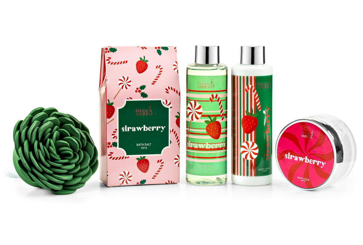 Elegant Modern Bath and Body Gift Set Home Spa Set with Shower Gel, Body Lotion, Bath Salt, Body Scrub & Pouf in Wooden Curio (Delicate Strawberry) – Mother's Day Gift for Mom