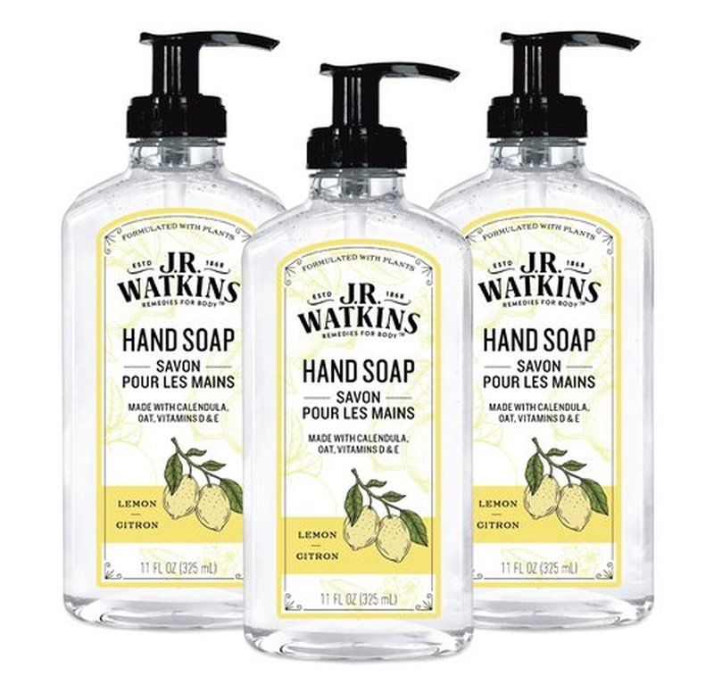 J.R. Watkins Liquid Hand Soap With Dispenser, Moisturizing Hand Soap, Alcohol-Free Hand Wash, Cruelty-Free, Liquid Soap For Bathroom or Kitchen, Lemon, 11 Fl Oz, 3 Pack