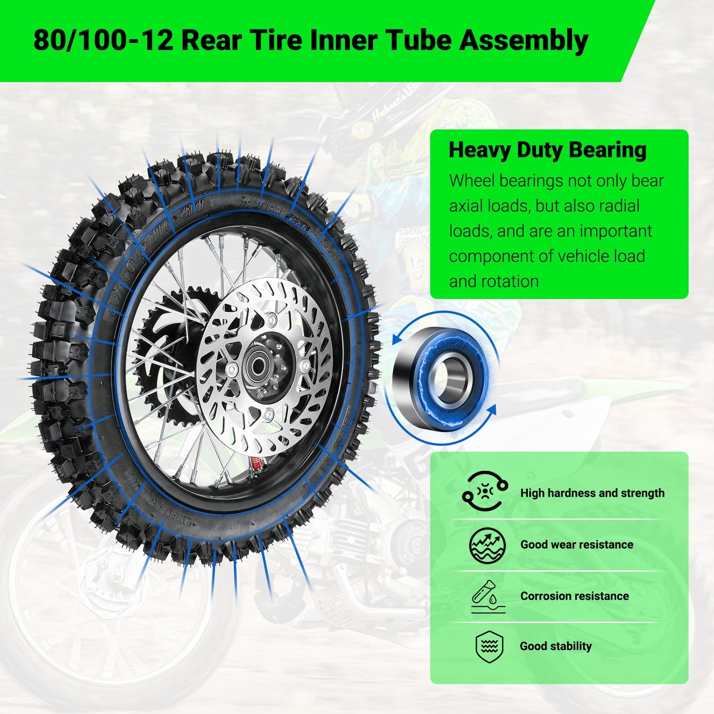 XIKOBY 12'' Rear Wheel 80/100-12 3.00-12 Dirt Bike Tire and Inner Tube Assembly for 110cc 125cc SSR SR125 CX65 TaoTao DB14 Coolster QG-214 with Brake Rotor 428 41T Chain Sprocket