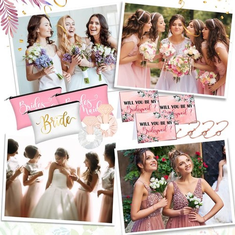 63 Pcs Bridesmaid Proposal Gifts Bulk Maid of Honor Gifts Matron of Honor Gifts Brides Bridesmaid Cosmetic Makeup Bag Hair Knotted Bracelets Invitation Cards for Wedding Bachelorette (Fresh Style)