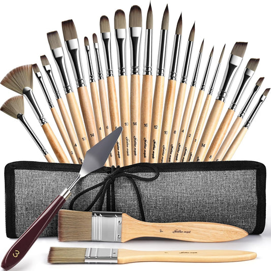 Acrylic Paint Brush Set - 25 PCS Enhanced Synthetic Brushes for Acrylic, Oil & Watercolor | Includes Cloth Roll & Palette Knife