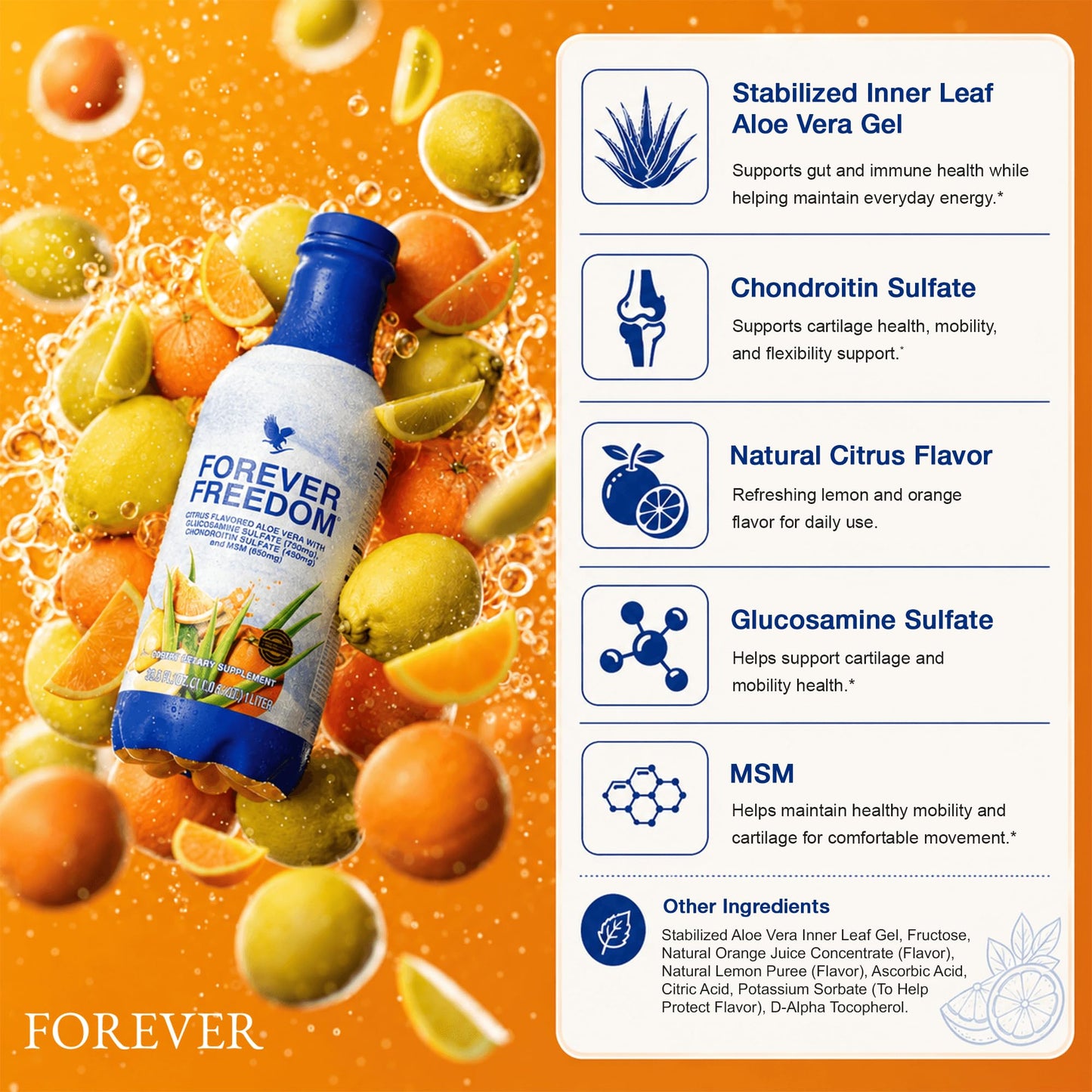 Forever Living - Forever Freedom - Aloe Vera Joint Support with Glucosamine and Chondroitin - Orange Flavor - 33.8 fl oz (Pack of 1)