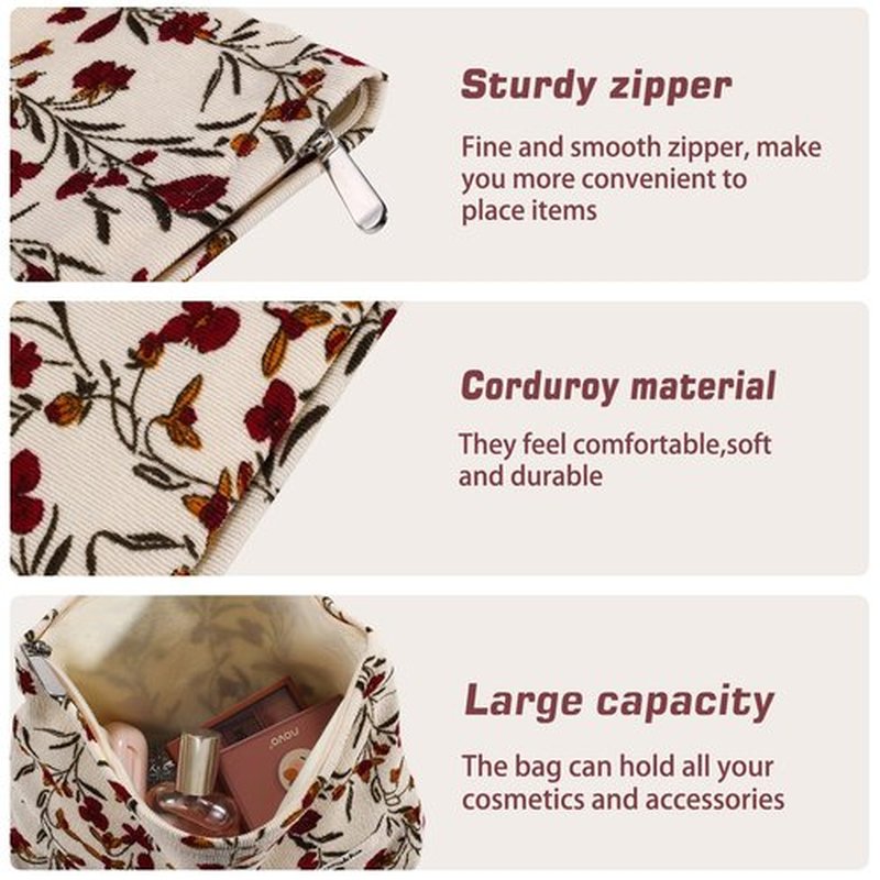 ZLFSRQ Red Flower Makeup Bag Travel Cute Floral Cosmetic Bags for Women Large Floral Makeup Pouch Zipper Cosmetic Pouch for Purse Aesthetic Makeup Organizer Bag Portable Toiletry Bag