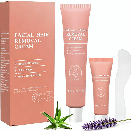 Facial Hair Removal Cream for Sensitive Skin - 2-in-1 Painless Depilatory Kit | Soothing Formula for Face & Body