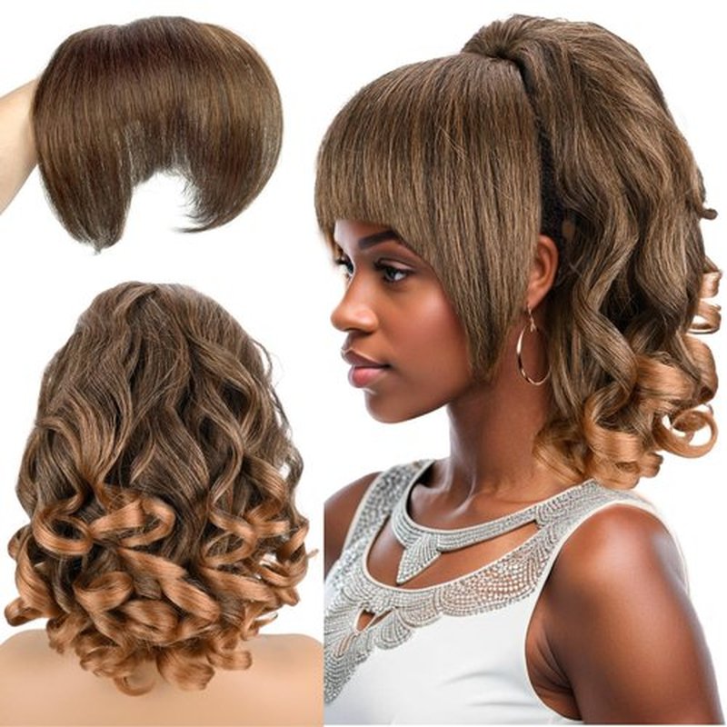 UAmy Hair Curly Ends Long Yaki Striaght Drawstring Ponytail with Bangs for Black Women Synthetic 18inch Loose Curly Ends Kinky Straight Drawstring Ponytail with Bangs For Daily Party Use(T1B/27)