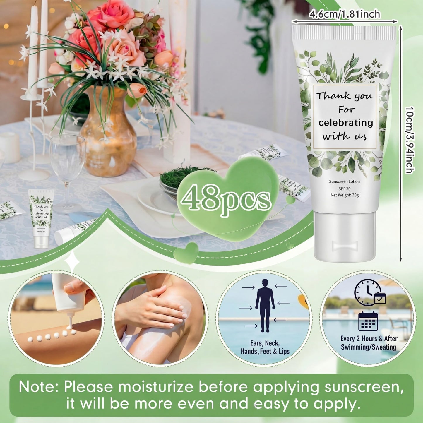 Dansib 48 Pcs Travel Size Mini Sunscreen Bulk for Summer Vacation Spf 30 Water Resistant Sunscreen Lotion Sunblock for Thank You Gifts Hawaiian Wedding Pool Party Favor (Leaf)