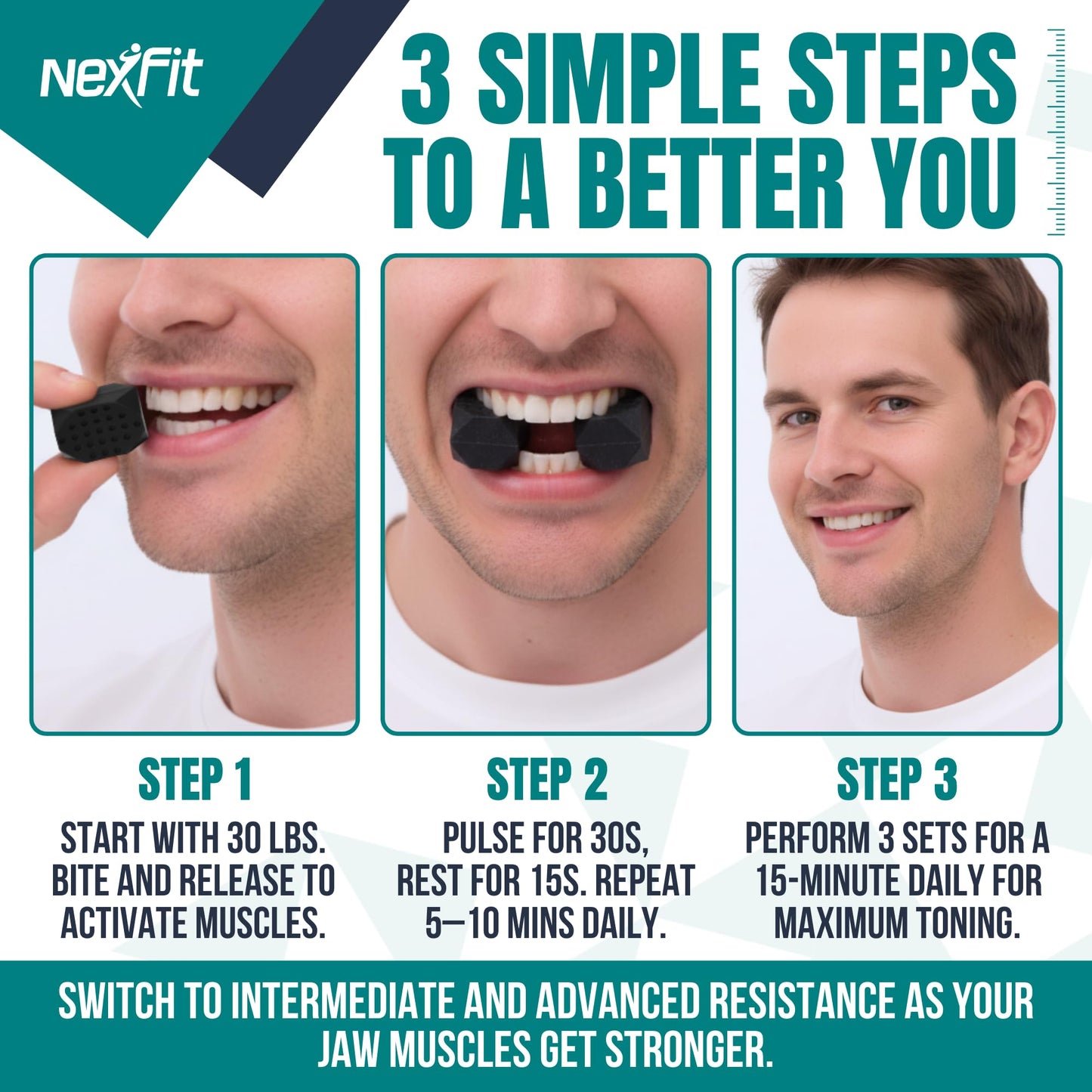 NexFit Jaw Exerciser for Men & Women – 3-Level Resistance Jaw Trainer for Men & Women – Food-Grade Silicone Double Chin Reducer – 6 Piece Kit with Carry Cases – Compact Mewing Jawline Shaper for Women