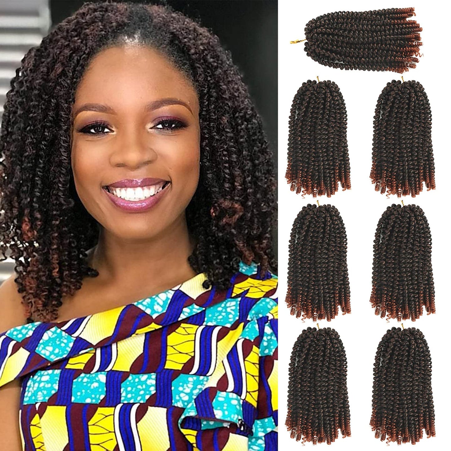 8 inch Spring Twist Crochet Braids Hair for Butterfly Locs Bomb Twist Crochet Hair Beyond Beauty Ombre Colors Synthetic Fluffy Hair Extension 7 Packs (8 Inch, T350)