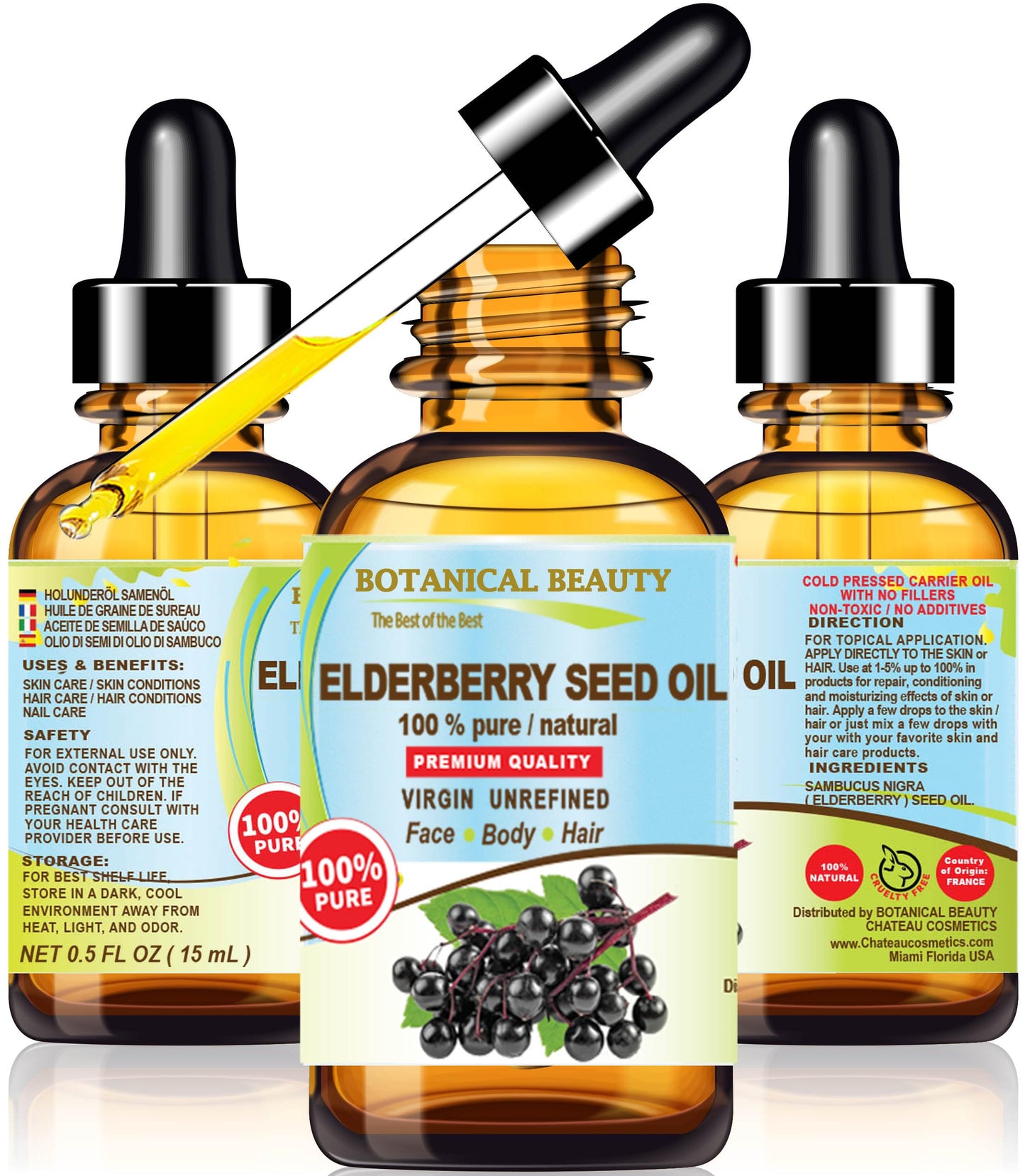 Botanical Beauty Belgian Elderberry Seed Oil Sambucus Nigra 100% Pure Natural Virgin Unrefined Cold Pressed Carrier Oil 0.5 Fl. Oz.- 15 ml for FACE, Skin, Hair, Nails, Anti-Aging. Rich in Vitamin E