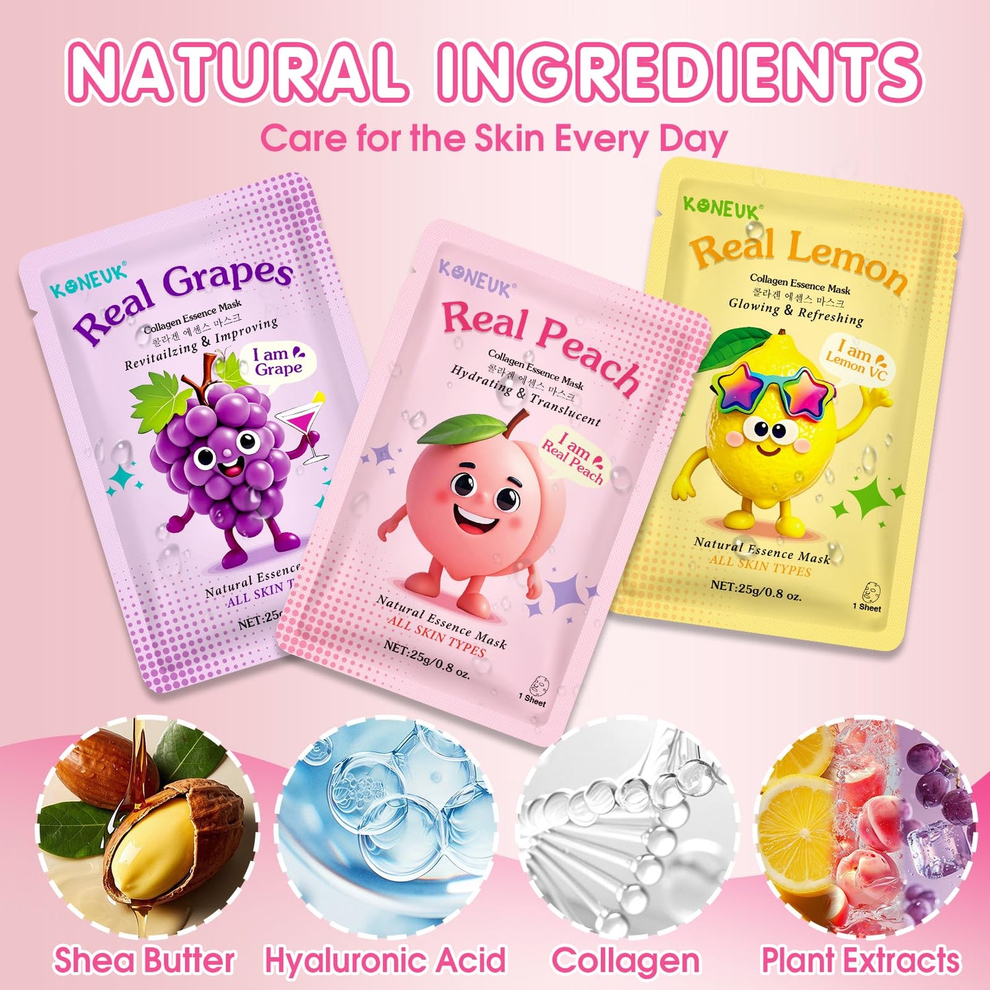 KONEUK 9 Pack Fruit Face Masks Skincare for Kids, Bulk Collagen Face Mask for Teens Women, Skin Care for Kids, Sleepover Party Supplies, Spa Birthday Party Supplies and Gifts for Girls