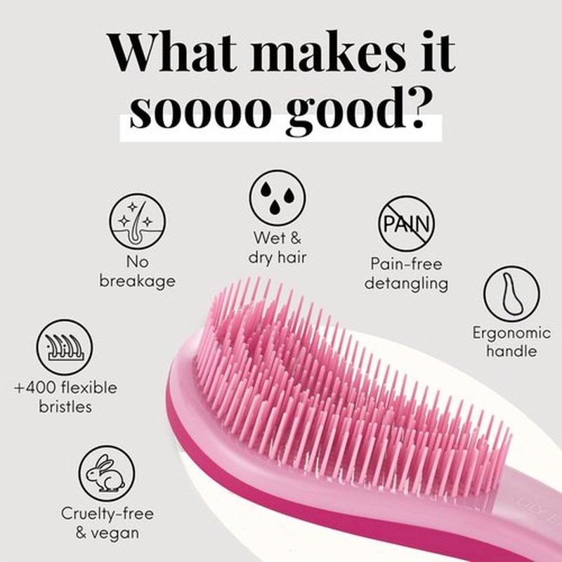 Lily England Detangler Brush for Curly Hair, Thick, Straight & Natural Hair - Gentle Detangling Hair Brush for Women, Kids & Toddlers with Flexible Bristles - Hairbrush for Wet & Dry Hair, Pink