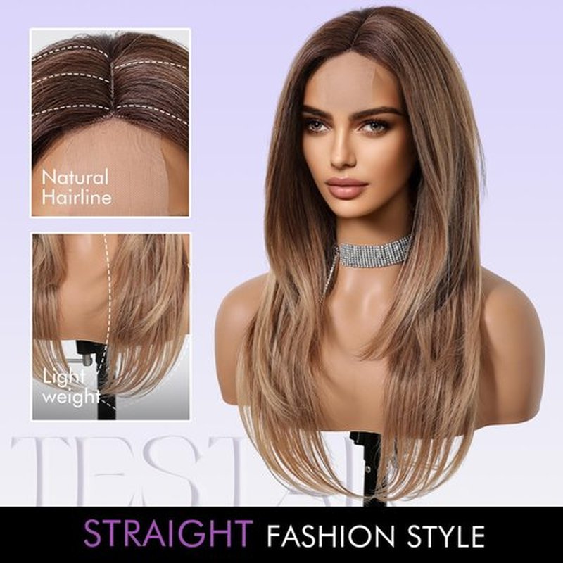 testar Long Blonde Straight Wigs For Women Blonde Brown Layered Wigs Lace In Hairline Natural Looking Heat Resistant Synthetic Wigs for Daily Party Use 26 IN