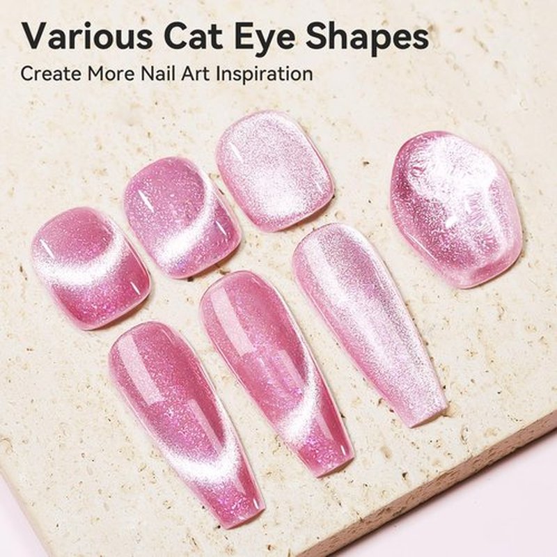 Bevimee Cat Eye Gel Nail Polish, 12ML Magnetic Pink Glitter Cateye Gel Polish Shimmer Crushed Ice Effect, 3 In 1 No Base/Top Coat Required - Soak Off UV Gel For Spring/Summer Nail Art Manicure