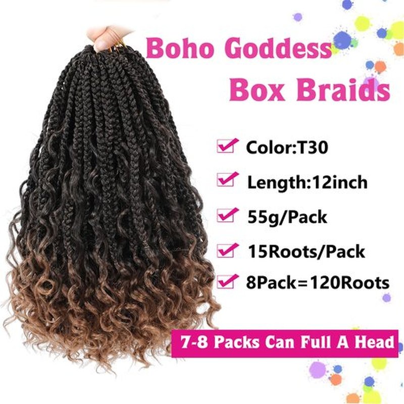 12inch Goddess Box Braids Crochet Hair Box Braids Crochet Hair For Black Women Pre Looped Crochet Hair with Curly Ends Bohemian Crochet Box Braids Crochet Hair (12inch(Pack of 8), T30)
