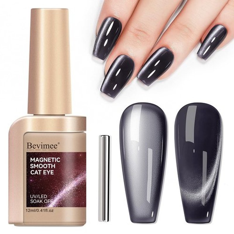 Bevimee Cat Eye Gel Polish Black, Glitter Magnetic Gel Nail Polish Moonlight, Cateye Polish With Magnet Stick Holographic Shimmer Cateye Effect, UV Velvet Gel Nail Art Manicure Salon DIY Home, 12ML