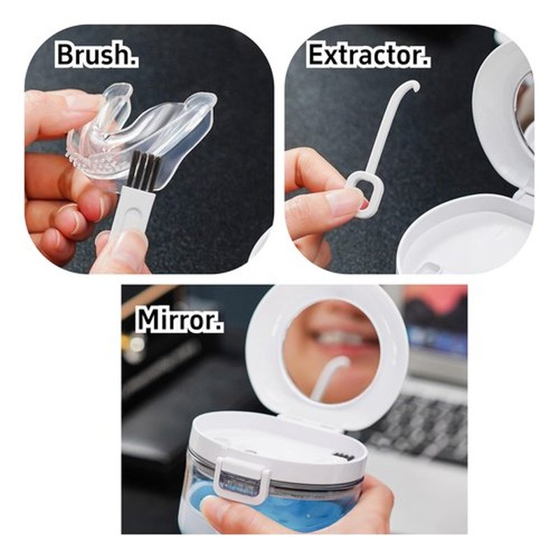 Denture Bath Cup with Strainer Brush, 2 in 1 Leak Proof Portable Soaking Denture Case Retainer Case Mouth Guard for Dentures and Braces（White）