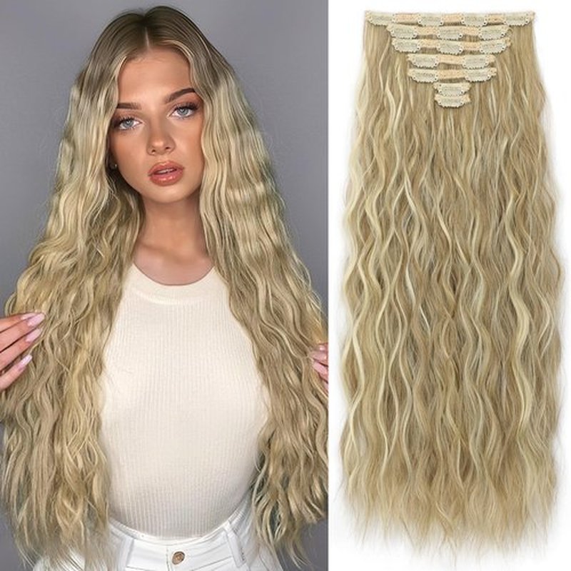 KooKaStyle Hair Extensions, 7PCS Clip in Long Mermaid Wavy Hair Extensions Thick Natural Hairpieces Double Weft for Women Full Head (20 Inch, Dirty Blonde Mix Bleach Blonde)
