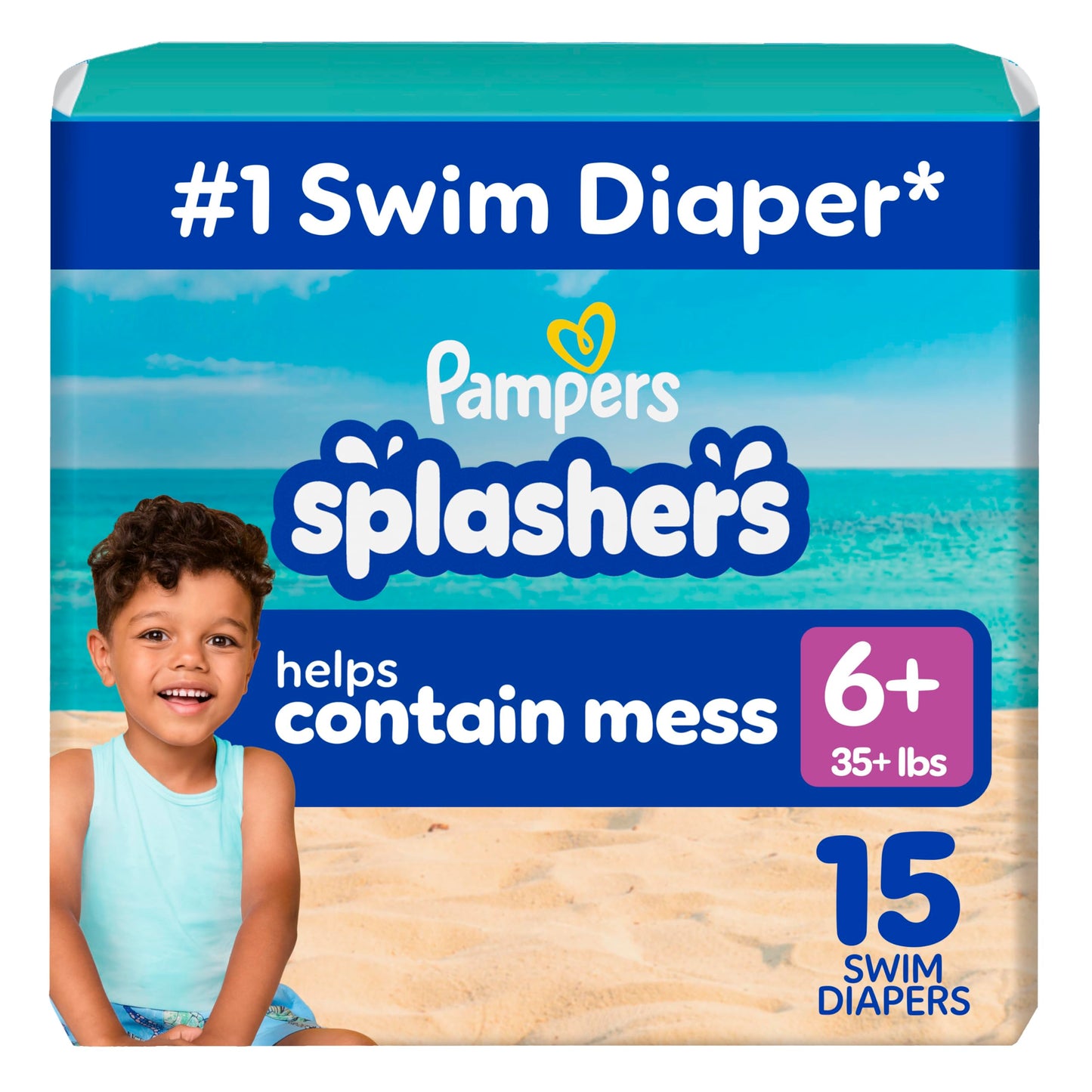 Pampers Splashers Swim Diapers, Size 6+, 15 Count, Disposable Swim Diapers, Contains Mess, No Swell