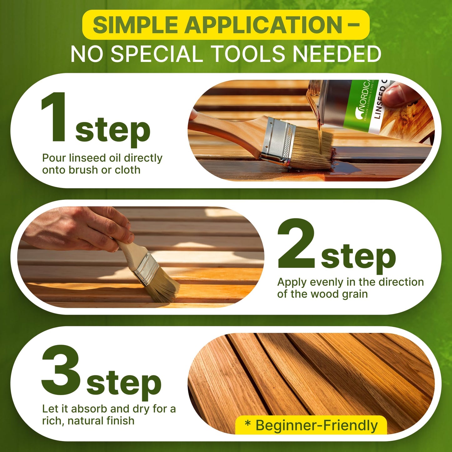 Nordicare Linseed Oil for Wood - 100% Pure & Natural Linseed Oil for Entire Indoor Area - Food-Safe Raw - Furniture - Underlines the Original Wood Structure - Made in Denmark 84.5oz