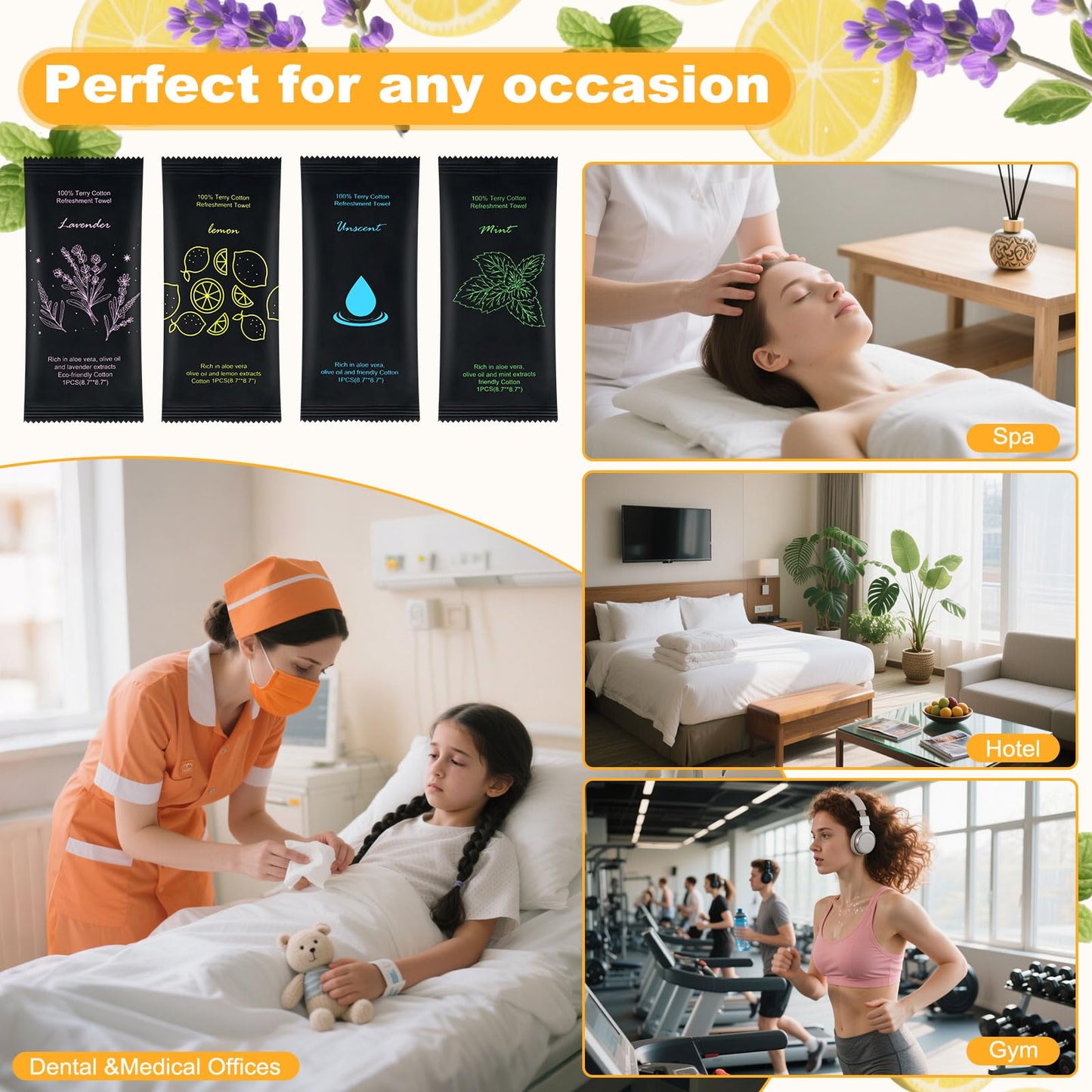 Moist Cotton Towel Bulk Moist Towelettes Individually Wrapped 8.7" x 8.7",White Towel Services,Refreshment Pre Moistened Towels Lavender,Lemon,Mint and Unscented for Sport Party Spa (pack of 200)
