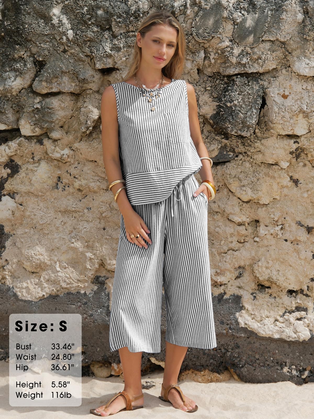 EXLURA Womens Summer 100% Cotton 2 Piece Outfits Striped Sleeveless Top Capri Wide Leg Pants Sets Faux Linen Beach Vacation