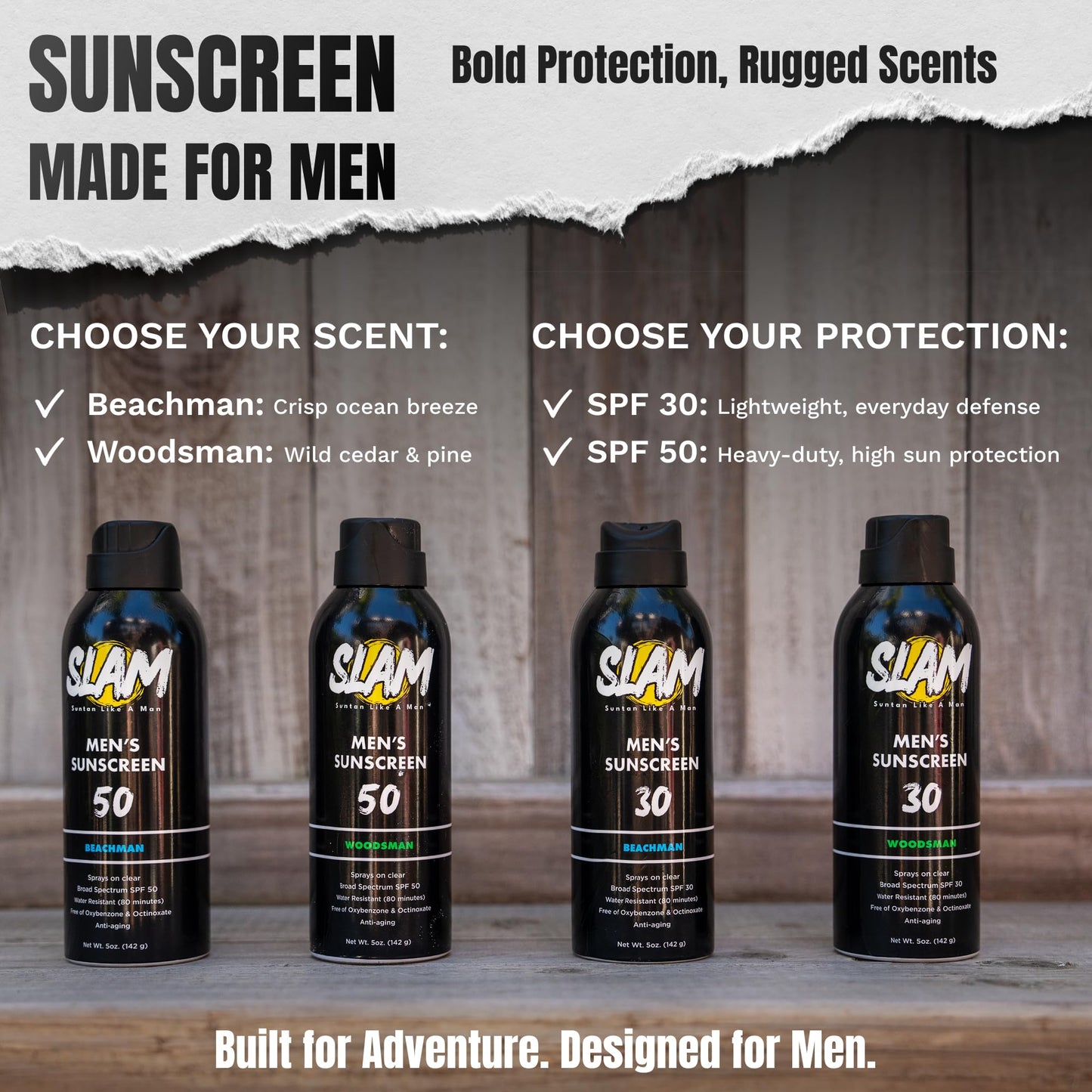 SLAM WoodsMan - Male Scented Sunscreen, SPF Sunscreen Spray, Water Resistant Sunscreen, Octinoxate & Oxybenzone Free, Broad Spectrum UVA/UVB Sunscreen, 5 Fl Oz (Pack of 1)