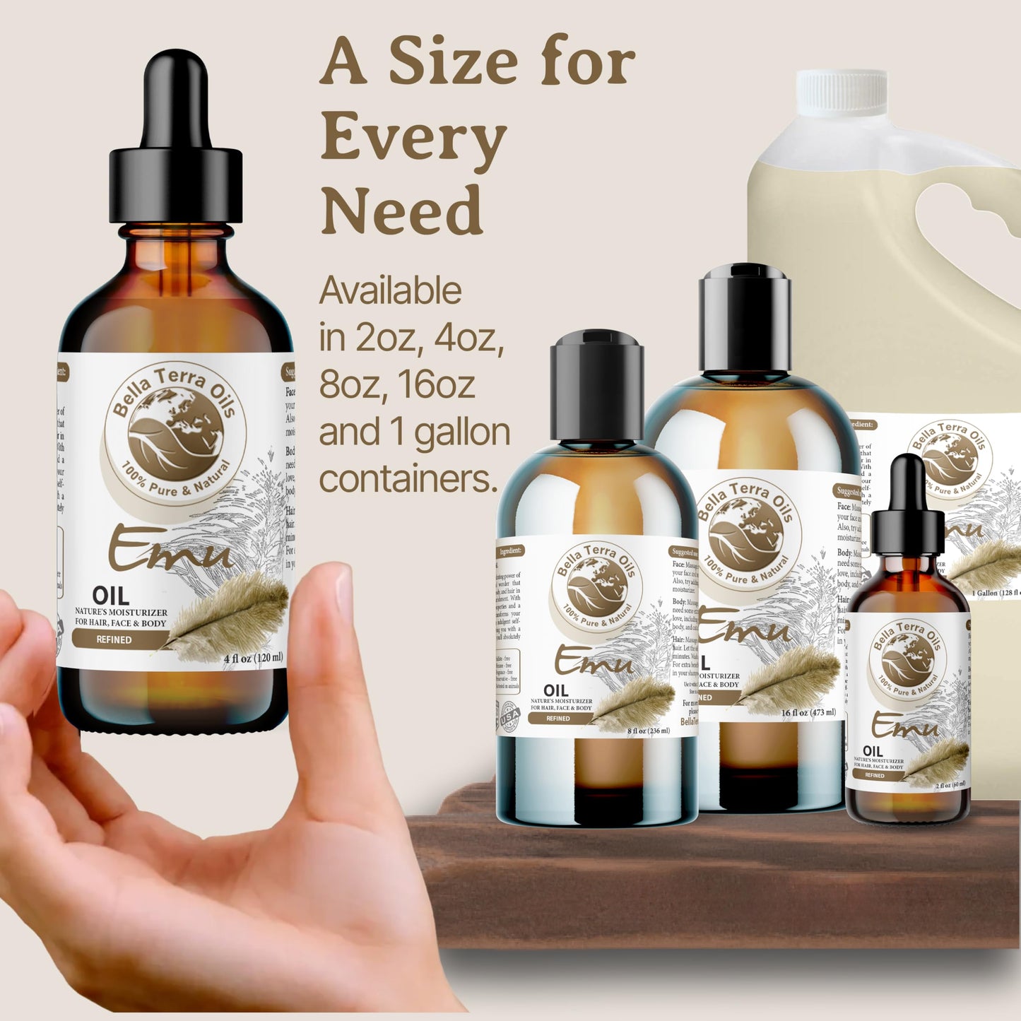 Bella Terra Oils Pure Emu Oil – Rapid Absorption, Rich in Fatty Acids, Deeply Moisturizing, Enhances Skin Elasticity, Cruelty-Free