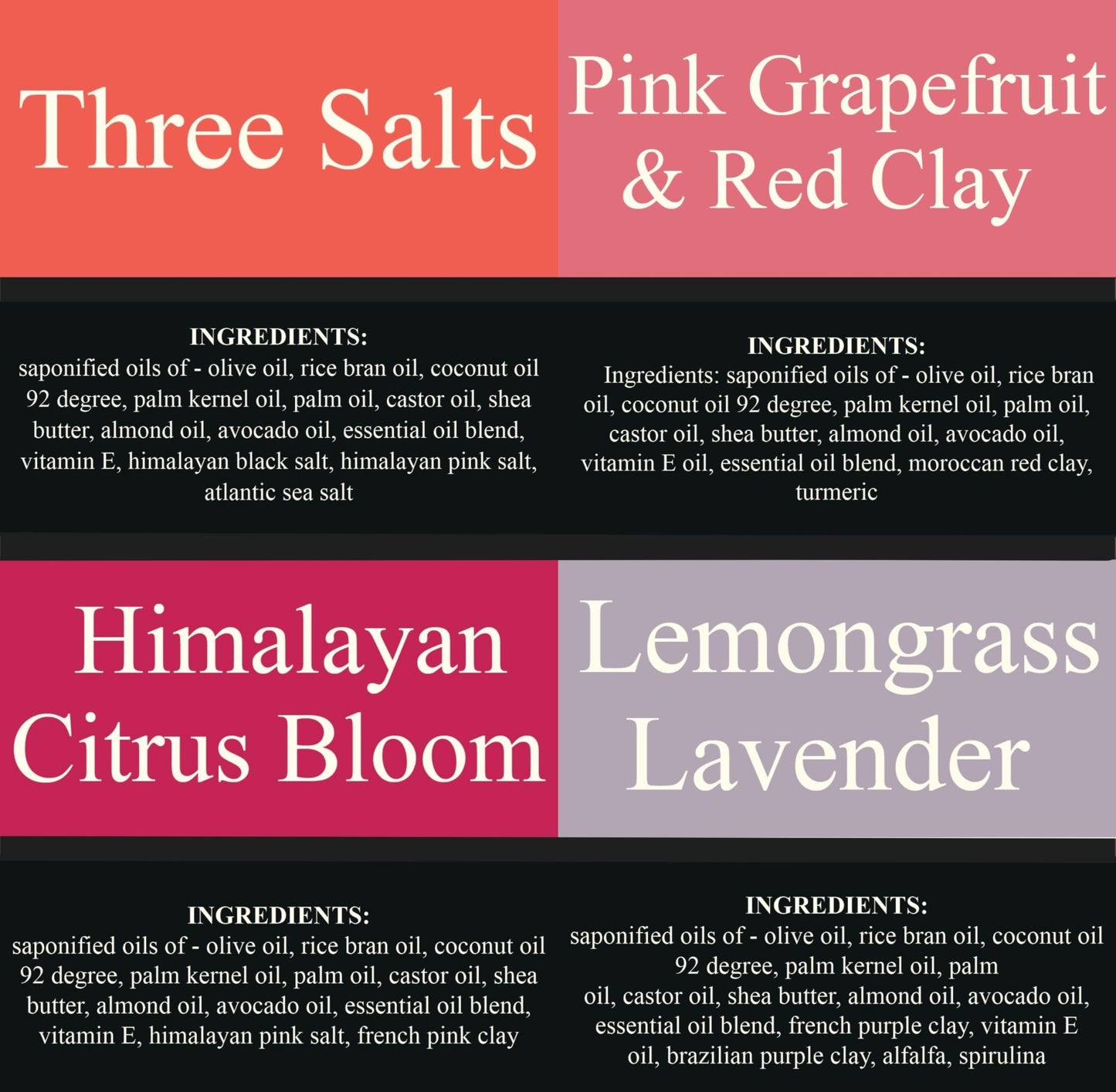 Traverse Bay Bath and Body Natural Cold Process Soap Citrus & Salt 4-Bar Variety Pack, Three Salts, Pink Grapefruit & Red Clay, Himilayan Citrus Bloom, Lemongrass Lavender, 5.5 oz Each, 22+ oz Total