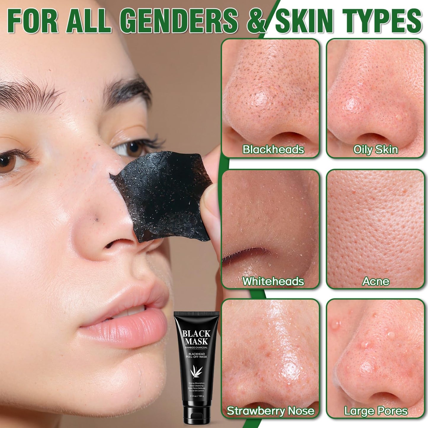 Nozerix Blackhead Remover Mask, Charcoal Peel Off Face Mask, Blackhead Removal, Deep Cleansing, Controls Oil, Targets Face and Nose, Ideal for All Skin Types, with Brush, Extractor Tool,100g