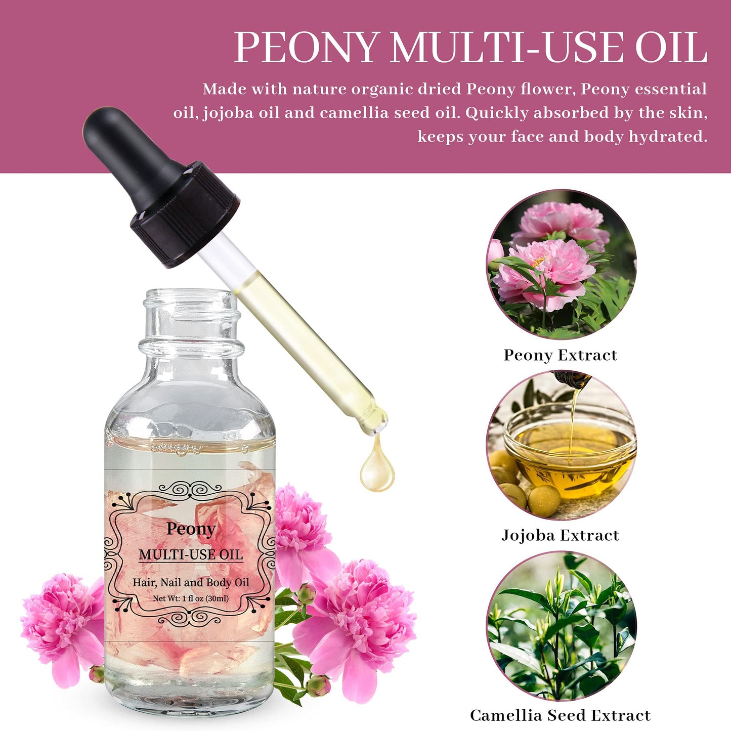 NP NATURES PHILOSOPHY Peony Multi-Use Oil for Face, Body and Hair - Plant Fragrant Essential Oil for Dry Skin, Scalp and Nails - 1 Fl Oz