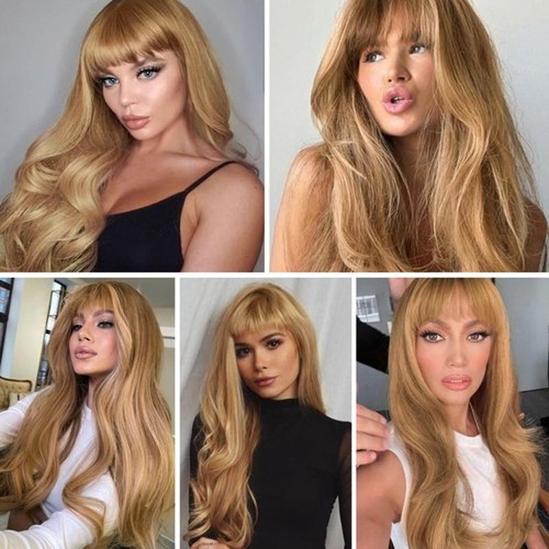 HAIRCUBE Blonde Wig with Bangs for Women Long Wavy Hair Wig Blonde Wig Curly Wavy Synthetic Wigs for Girls Daily Party Use