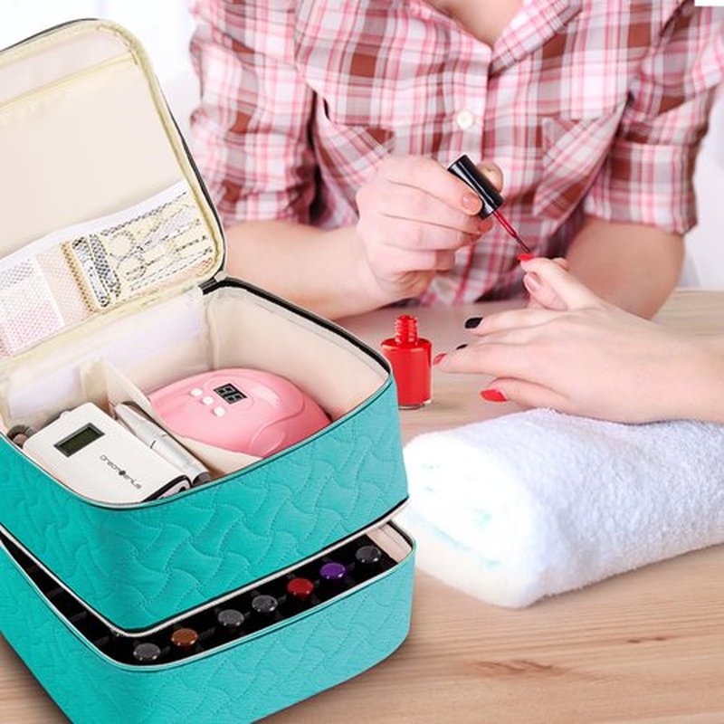 Nail Polish Organizer Case Holds 42 Bottles (15ml/0.5 fl.oz), Double-Layer Nail polish storage with Adjustable Dividers, Portable Nail Polish Bag for Nail Gel Nail Lamp and Manicure Tools, Blue